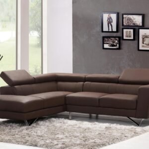 Contemporary living room featuring a stylish brown sectional sofa and artistic wall frames.