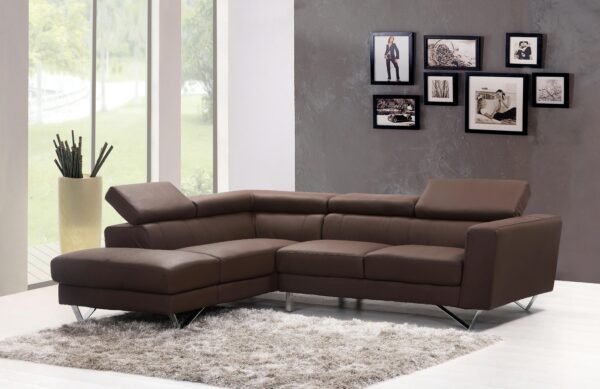 Contemporary living room featuring a stylish brown sectional sofa and artistic wall frames.